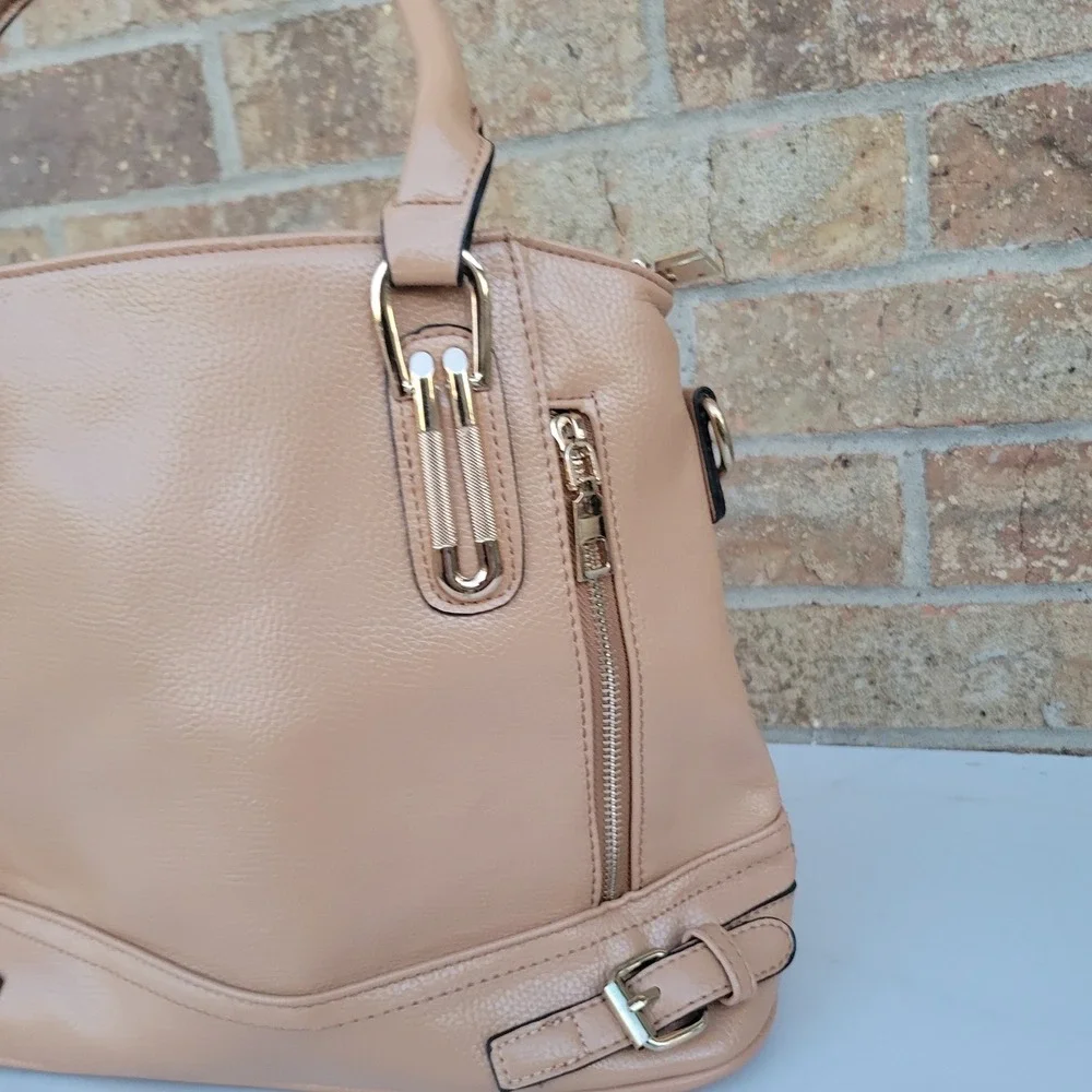 Tan Faux Leather Satchel Handbag Gold Tone‎ Hardware Multi Compartment Tote Bag